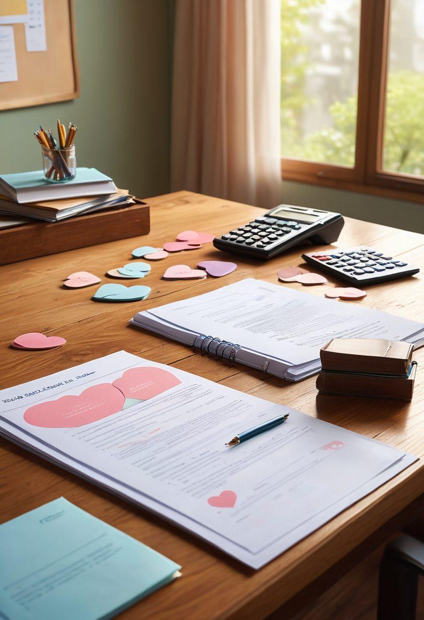 A serene office setting with a couple reviewing insurance policies together, surrounded by floating icons of hearts and safety shields symbolizing care and compassion. The scene should convey trust and warmth, with soft lighting and gentle colors. Include a stack of documents and a calculator on the table to emphasize the decision-making process. super-realistic. vibrant colors. soft background.