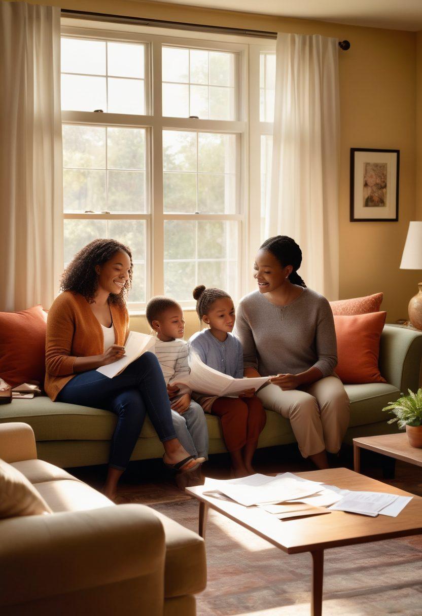 A warm and inviting scene depicting a family huddled together, radiating love and support while reviewing insurance documents in a cozy living room. Soft sunlight filters through the window, casting gentle shadows, showcasing a diverse family with smiling faces, surrounded by personal mementos and a sense of security. The atmosphere conveys trust and emotional connection, emphasizing the importance of making informed choices in insurance. super-realistic. vibrant colors. cozy atmosphere.